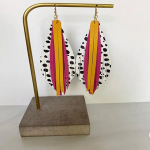 Dalmatian Fuchsia Mustard Leaf Leather Earrings